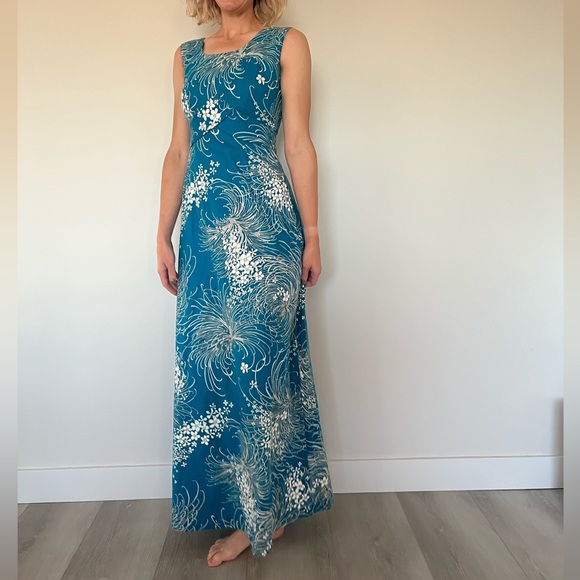 Vintage homemade teal floral maxi dress size 4 - Picture 1 of 11